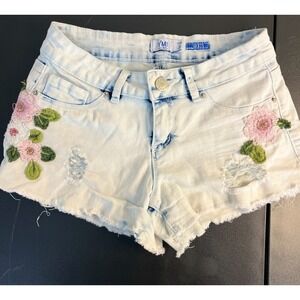 YMI Jr Sz 3 Embroidered Denim Shorts Floral Blue Pink High Rise Poly Cotton‎